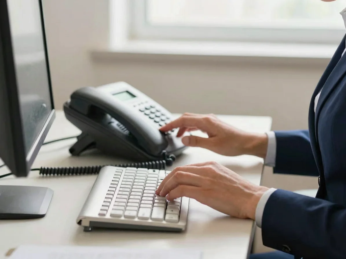 Close-up editorial photograph of a receptionist's hands near a desk phone and a computer keyboard, soft natural daylight