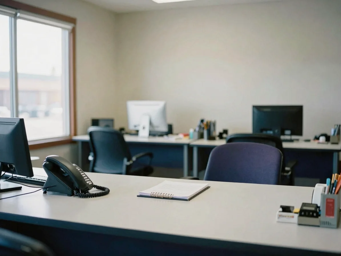 Editorial photograph of a calm small-business office in soft natural daylight, a desk with a phone and a notepad, realis